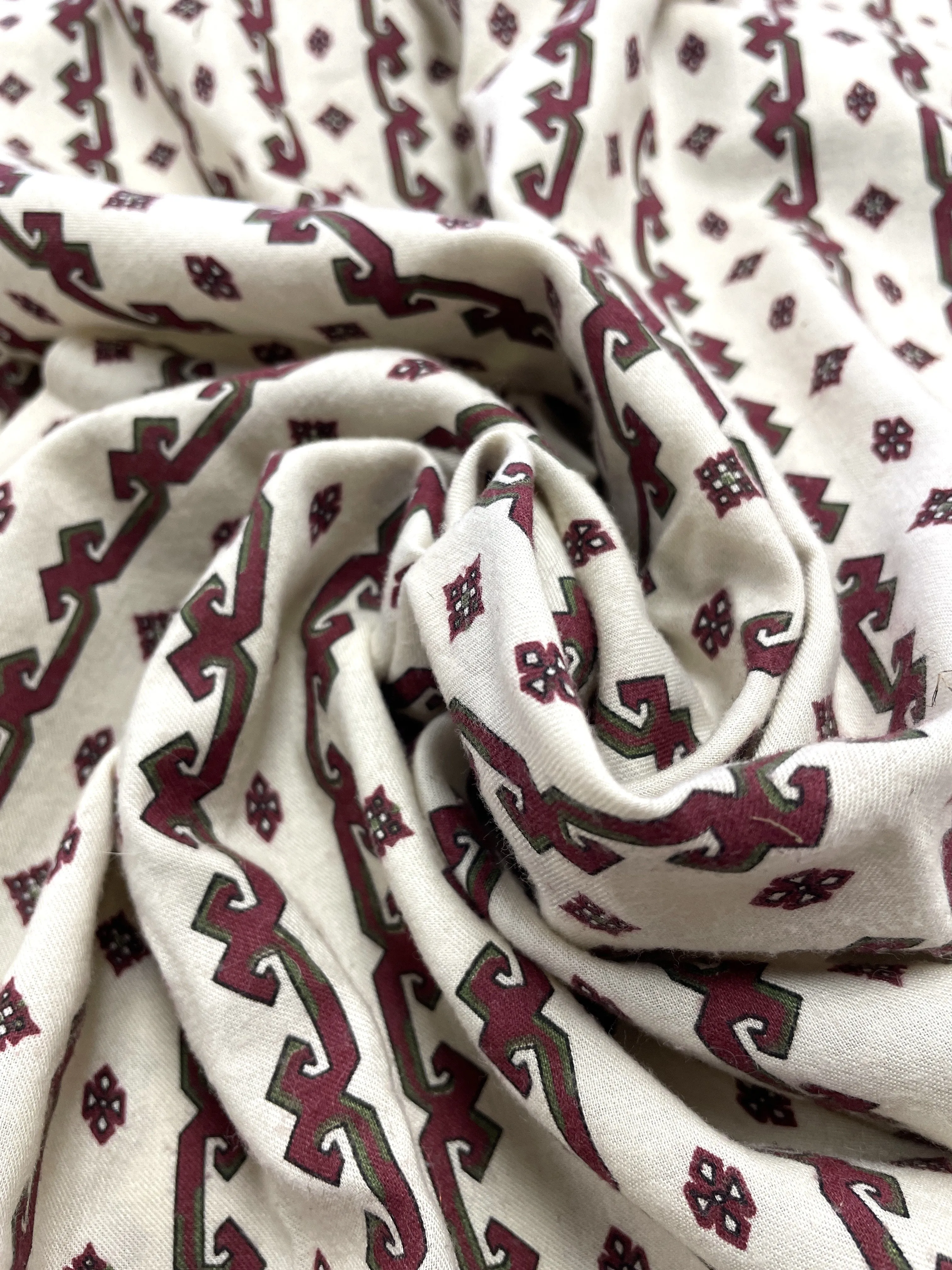2 3/4 YD Poly/Cotton Brushed - Cream with Maroon and Green Geometric Stripes