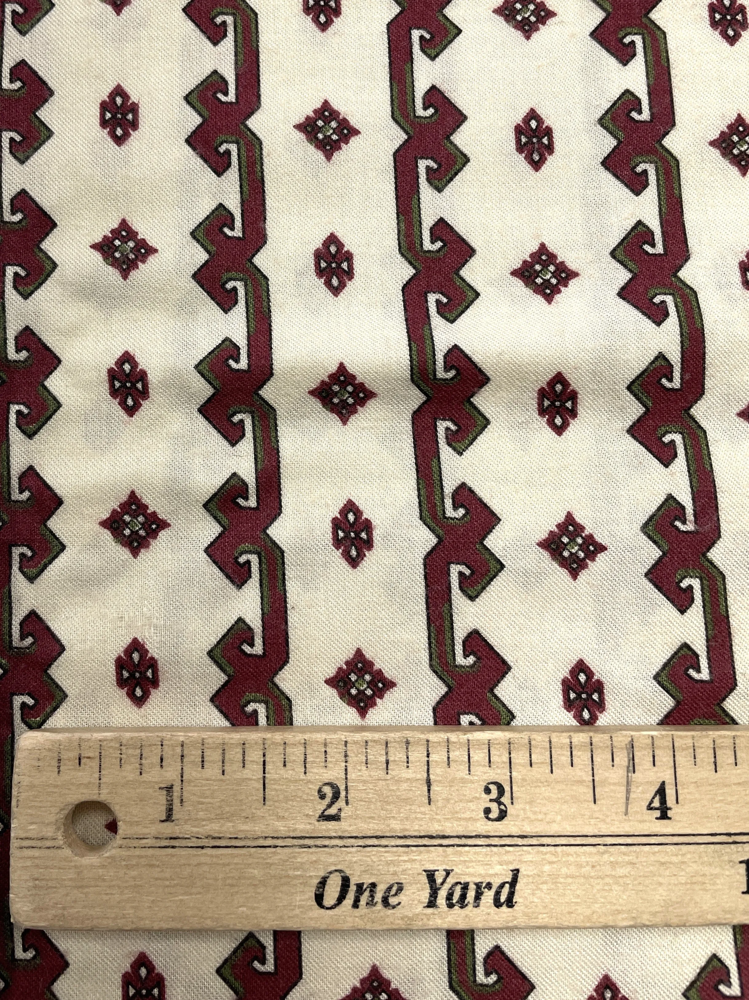 2 3/4 YD Poly/Cotton Brushed - Cream with Maroon and Green Geometric Stripes