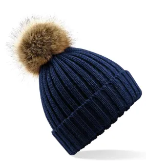 Beechfield Faux Fur Pop Pom Chunky Beanie | Navy