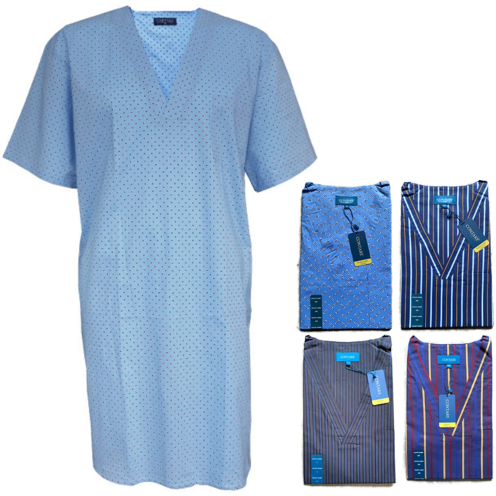 Contare V-Neck Mens Night Shirt 100% Cotton Pyjamas PJs Sleepwear Nightie Gown in Red
