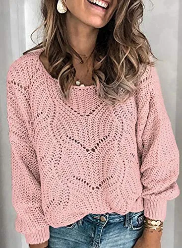 Dokotoo Womens Sweaters Ladies Cute Elegant Soft Crewneck Thick Hollow Out Chunky Autumn Winter Fall Cozy Long Sleeve Cable Knit Pullovers Sweaters for Women Pink Medium
