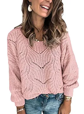 Dokotoo Womens Sweaters Ladies Cute Elegant Soft Crewneck Thick Hollow Out Chunky Autumn Winter Fall Cozy Long Sleeve Cable Knit Pullovers Sweaters for Women Pink Medium