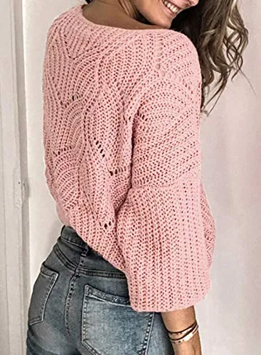 Dokotoo Womens Sweaters Ladies Cute Elegant Soft Crewneck Thick Hollow Out Chunky Autumn Winter Fall Cozy Long Sleeve Cable Knit Pullovers Sweaters for Women Pink Medium
