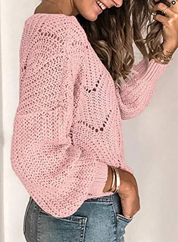 Dokotoo Womens Sweaters Ladies Cute Elegant Soft Crewneck Thick Hollow Out Chunky Autumn Winter Fall Cozy Long Sleeve Cable Knit Pullovers Sweaters for Women Pink Medium