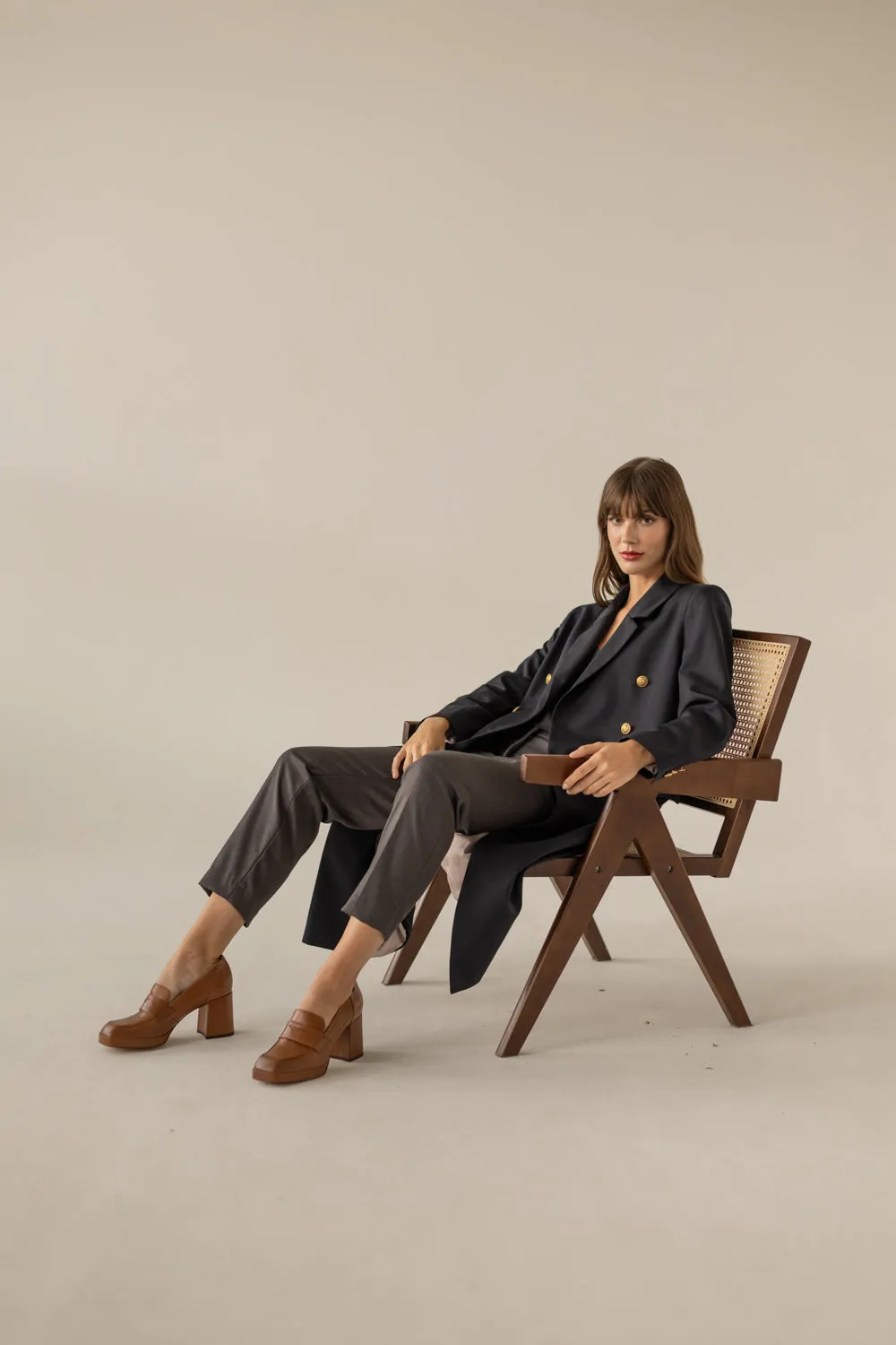 Long Gold Buttons Wool Trenchcoat - Navy Blue