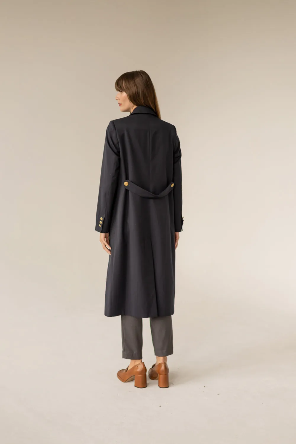 Long Gold Buttons Wool Trenchcoat - Navy Blue