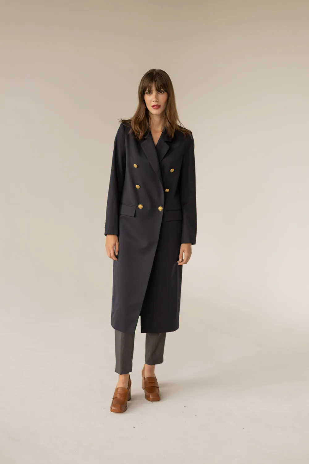 Long Gold Buttons Wool Trenchcoat - Navy Blue