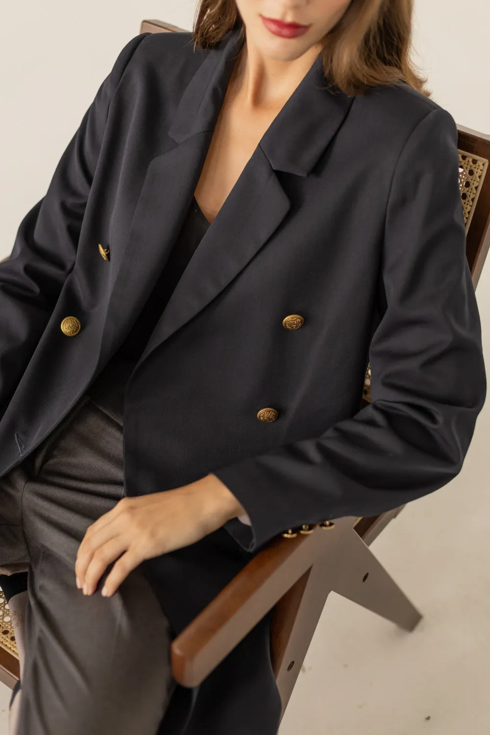Long Gold Buttons Wool Trenchcoat - Navy Blue