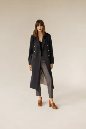 Long Gold Buttons Wool Trenchcoat - Navy Blue