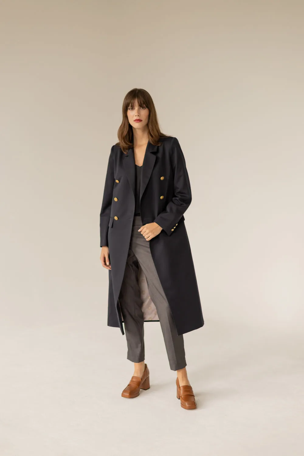 Long Gold Buttons Wool Trenchcoat - Navy Blue