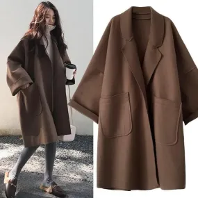 LVSANW Elegant Woolen Trench Coat Winter for Women Vintage Windbreakers Jacket Mid-Length Loose Turn-Down Collar Plus Size 4XL Cardigan