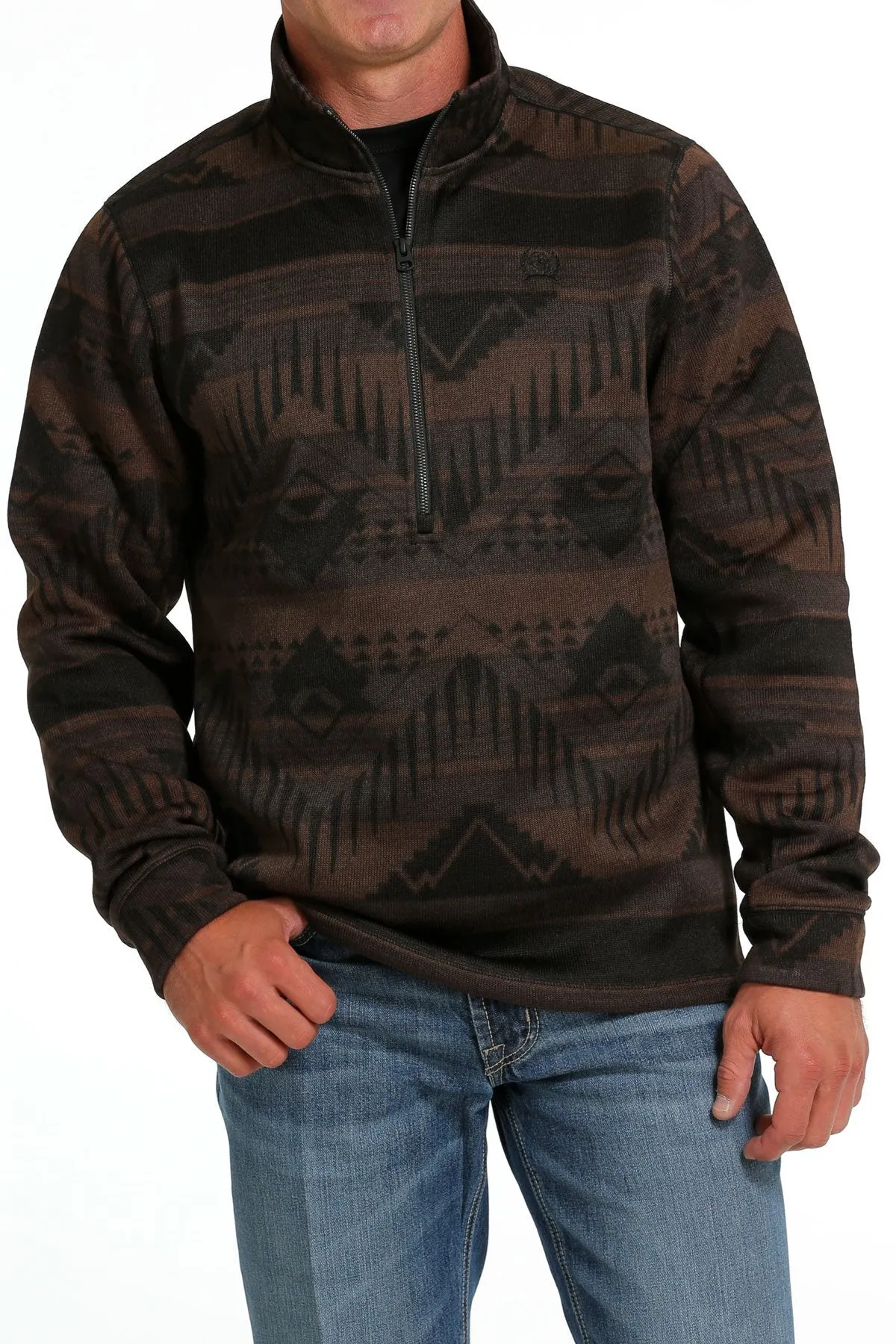 MEN'S 1/2 ZIP SOUTHWESTERN PRINT SWEATER PULLOVER - BROWN